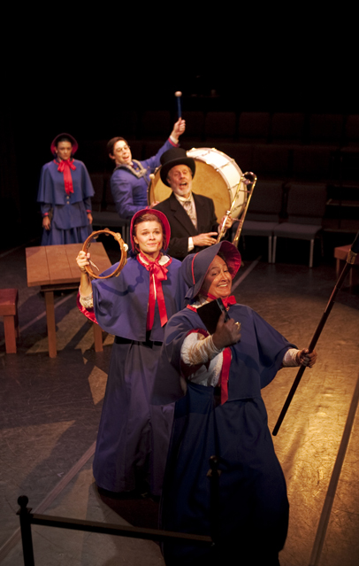 Marissa Garcia (Barbara Undershaft), Matt Bowdren (Adolphus Cusins), Joseph McGrath (Andrew Undershaft), Dylan Page (Jenny Hill) and Kathryn Kellner (Mrs. Baines)