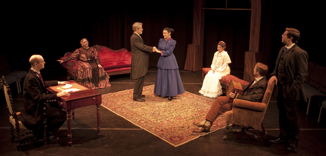 Lee Rayment (Stephen Undershaft), Cynthia Meier (Lady Britomart Undershaft), Joseph McGrath (Andrew Undershaft), Marissa Garcia (Barbara Undershaft), Jennifer Rose Hijazi&nbsp; (Sarah Undershaft), Daniel Thomson (Charles Lomax) and Matt Bowdren (Adolphus Cusins)