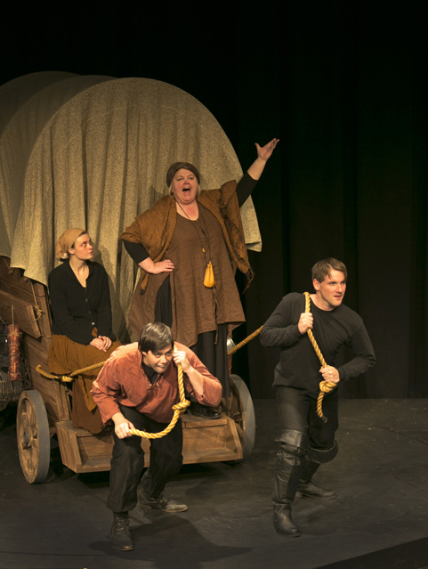 Dylan Page as Kattrin, Cynthia Meier as Mother Courage, Matt Bowdren as Swiss Cheese and Christopher Johnson as Eilif