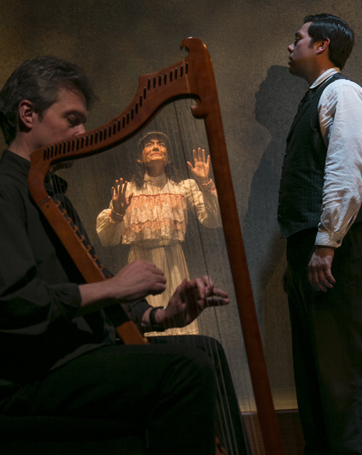 Paul Amiel as Musician, Marissa Garcia as Grete Samsa, and Matt Bowdren as Gregor Samsa in 'Metamorphosis
