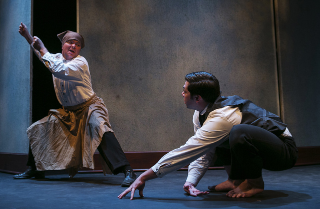Ryan Parker Knox as the Charwoman and Matt Bowdren as Gregor Samsa in 'Metamorphosis'