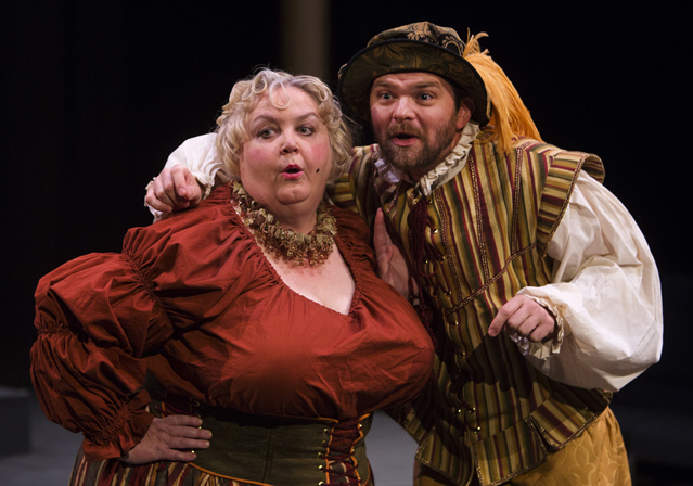 Cynthia Meier as Mistress Overdone and Ryan Parker Knox as Pompey
