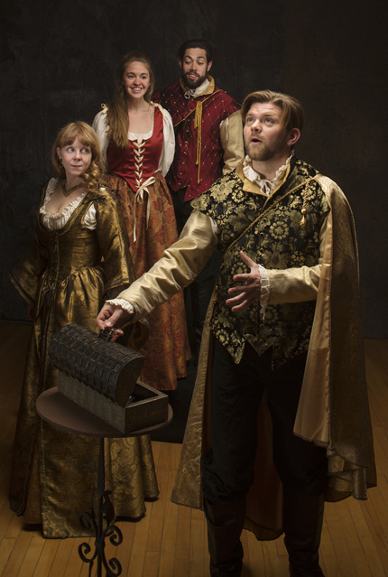 Patty Gallagher as Portia, Holly Griffith as Nerissa, Matt Bowdren as Gratiano and Ryan Parker Knox as Bassanio