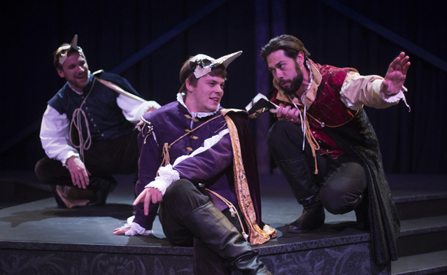 >Christopher Johnson as Salarino, Connor Foster as Salanio and Matt Bowdren as Gratiano