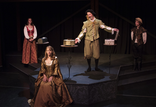 Holly Griffith as Nerissa, Patty Gallagher as Portia, and David Greenwood and Zackary Sinex as the Prince of Arragon and his train