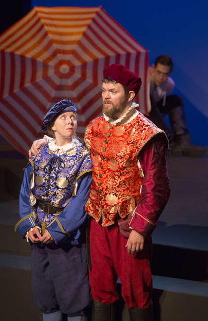 Patty Gallagher as Rosencrantz, Ryan Parker Knox as Guildenstern and Matt Bowdren as Hamlet