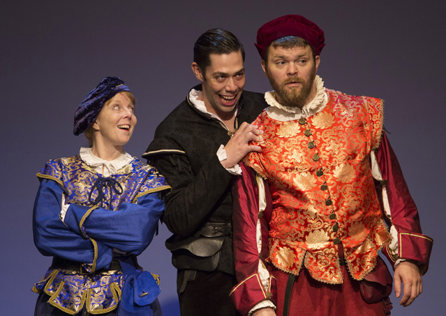 Patty Gallagher as Rosencrantz, Matt Bowdren as Hamlet, and Ryan Parker Knox as Guildenstern