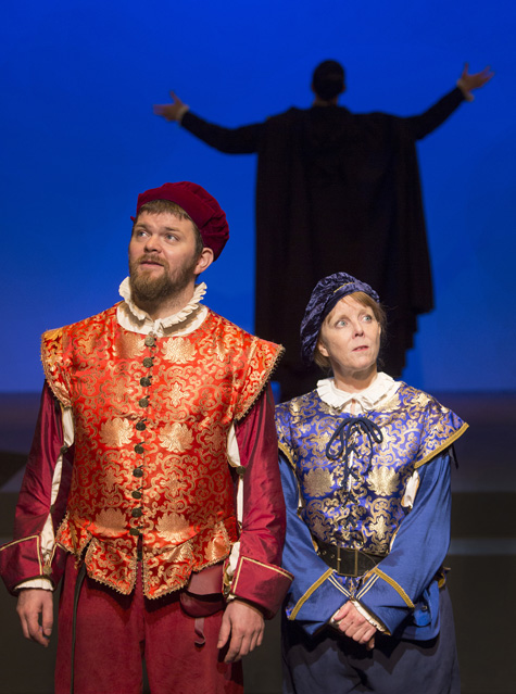 Patty Gallagher as Rosencrantz, Ryan Parker Knox as Guildenstern and Matt Bowdren as Hamlet