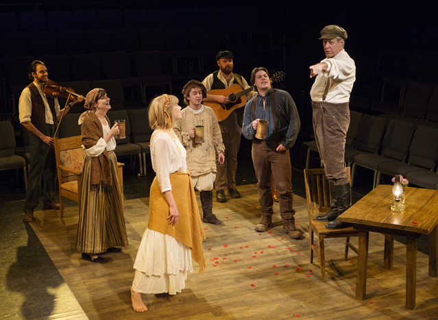>Miguel Urbina (viola) and Jake Sorgen (guitar) with Kathleen McGrath, Grace Kirkpatrick, Nathan Oppenheimer, Connor Foster and Joseph McGrath as the singing peasants