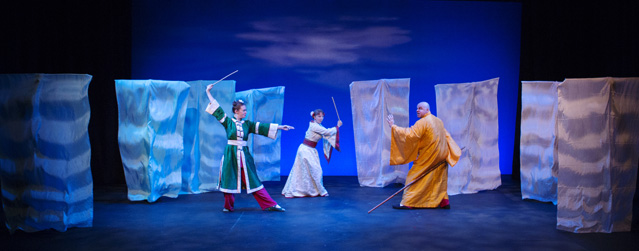 Holly Griffith as the Green Snake, Patty Gallagher as the White Snake and David Weynand as Fa Hai