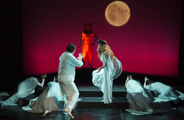 Ryan Parker Knox as the Fisherman and Claire Hancock as the Young Witch <br>
with Brendan Kellam, Holly Griffith, Nathanael Myers, Allie Knuth and Bryn Booth in 'The Fisherman and his Soul'