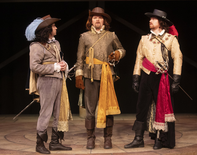 'I came to seek you both.' Hunter Hnat as Claudio, Ryan Parker Knox as Benedick and Aaron Shand as Don Pedro