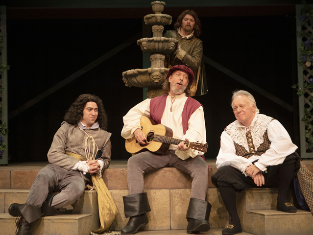 'Sigh no more, ladies, sigh no more.' Hunter Hnat as Claudio, John Keeney as Balthasar, Harold Dixon as Leonato and Ryan Parker Knox as Benedick