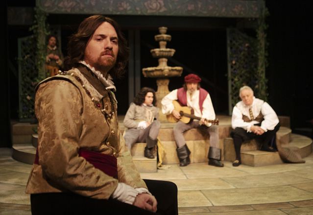 'Men were deceivers ever.' Aaron Shand as Don Pedro, Hunter Hnat as Claudio, John Keeney as Balthasar, Harold Dixon as Leonato and Ryan Parker Knox as Benedick