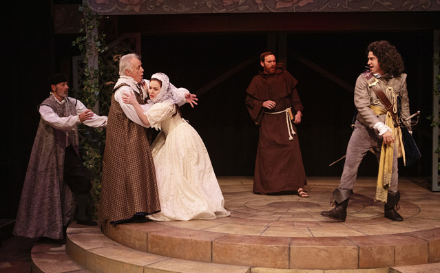 There, Leonato, take her back again.' David Greenwood as Antonio, Harold Dixon as Leonato, Bryn Booth as Hero, Christopher Pankratz as Friar Francis and Hunter Hnat as Claudio
