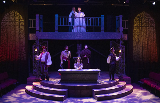 'Pardon, goddess of the night.' John Keeney as Balthasar, Aaron Shand as Don Pedro, Hunter Hnat as Claudio, Christopher Pankratz as Friar Francis, Cole Potwardowski as Seacoal, Harold Dixon as Leonato and Bryn Booth as Hero