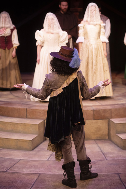 'Which is the lady I must seize upon?' Hunter Hnat as Claudio, Claire De La Vergne as Margaret, Bryn Booth as Hero, Holly Griffth as Beatrice and Christopher Pankratz as Friar Francis