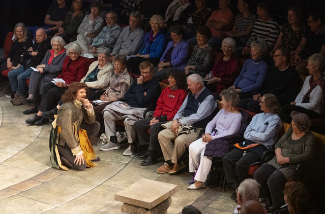 'Sigh no more, ladies, sigh no more.' Hunter Hnat as Claudio, John Keeney as Balthasar, Harold Dixon as Leonato and Ryan Parker Knox as Benedick