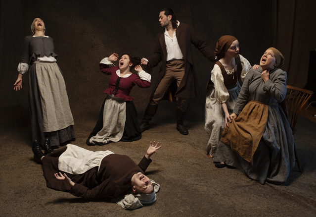 Kate Cannon as Mercy Lewis, Erin Buckley as Susanna Walcott, Bryn Booth as Abigail Williams, Matt Bowdren as John Proctor, Florie Rush as Betty Parris, and Leah Taylor as Mary Warren
