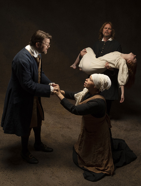 Ryan Parker Knox as Reverend John Hale, Carley Preston as Tituba, Florie Rush as Betty Parris and Christopher Younggren as Reverend Parris